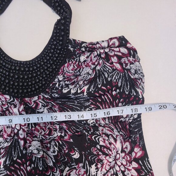 Studio Y Beaded Halter Top XL | Black Floral Print | Statement Neckline - Picture 5 of 7